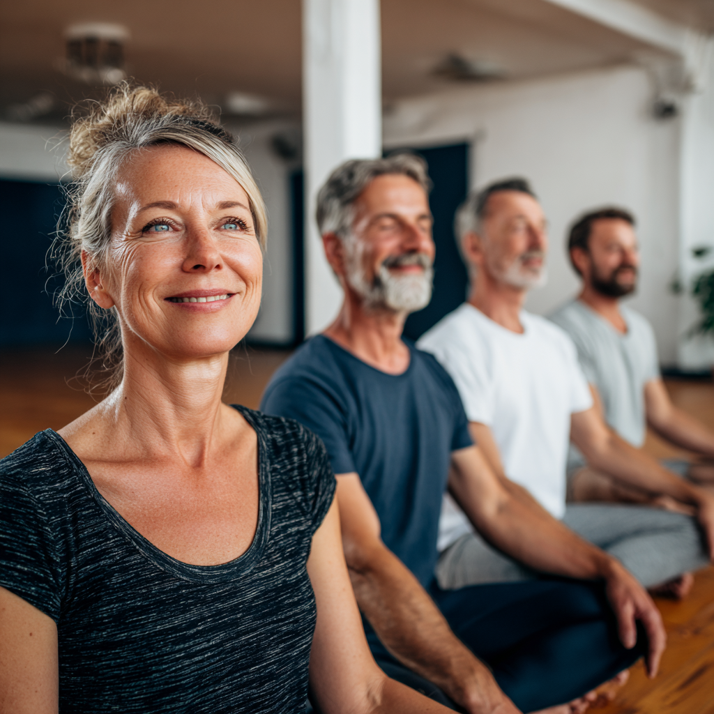 Усмихната българска жена на средна възраст практикува йога в природна обстановка, облечена в удобни дрехи и демонстрираща спокойствие и баланс