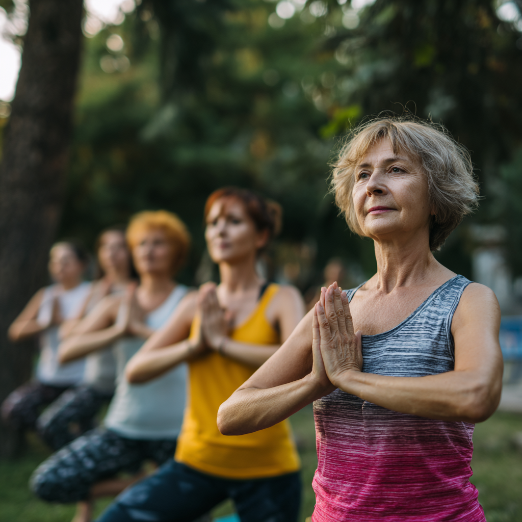 Български мъж на средна възраст демонстрира йога поза на открито, показвайки правилна техника и концентрация в естествена обстановка